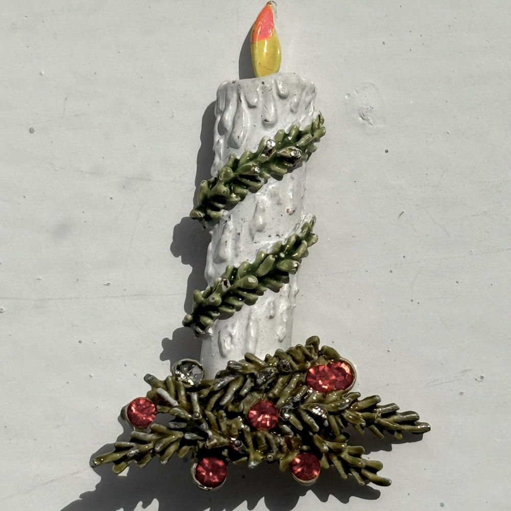 Vintage enamel holiday Candle Brooch with Red Accents